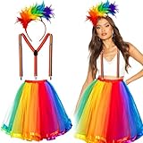 iZoeL Halloween Kostüm Damen Regenbogen Tüllrock mit Feder Haarreif Bunt Hosenträger, Regenbogen...