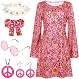 YADODO Hippie Kleidung Damen 60er 70er Jahre Hippie kostüm Damen Kleid und Hippie Accessoires 70er...