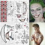 4 Blätter Halloween Clown Temporäre Tattoo, Joker Harley Quinn Tattoo Cosplay Aufkleber für...