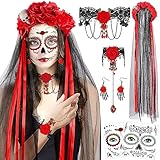 HOWAF Halloween Kostüm Damen Dia De Los Muertos Haarreif Schleier Halloween Haarreif Tag Der Toten...